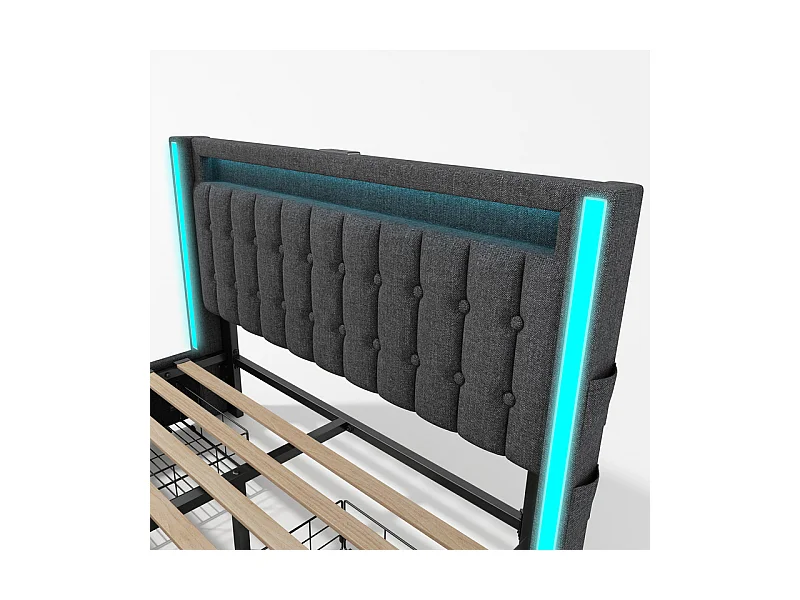 Lit capitonné 160x200cm avec matelas, 4 tiroirs, LED + Prises USB + Type C, Tissu lin - Gris