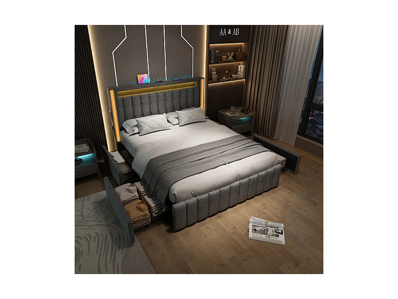Lit capitonné 160x200cm avec matelas, 4 tiroirs, LED + Prises USB + Type C, Tissu lin - Gris