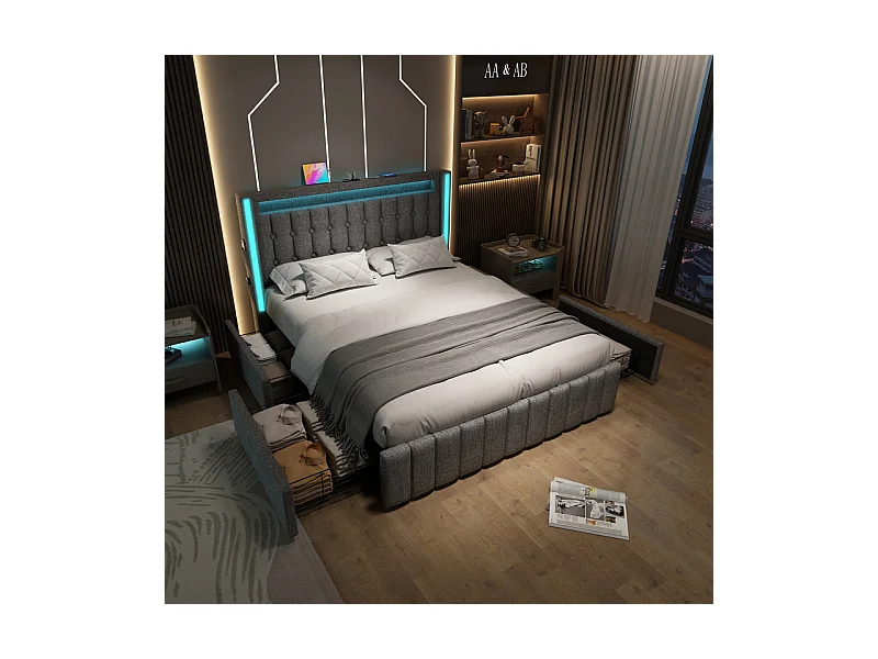 Lit capitonné 160x200cm avec matelas, 4 tiroirs, LED + Prises USB + Type C, Tissu lin - Gris
