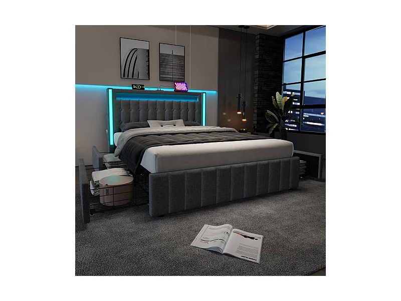 Lit capitonné 160x200cm avec matelas, 4 tiroirs, LED + Prises USB + Type C, Tissu lin - Gris