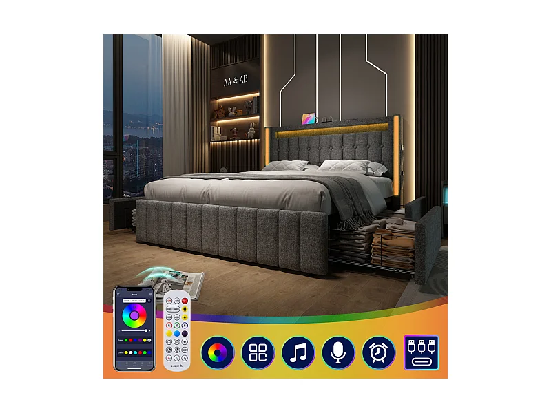 Lit capitonné 160x200cm avec matelas, 4 tiroirs, LED + Prises USB + Type C, Tissu lin - Gris
