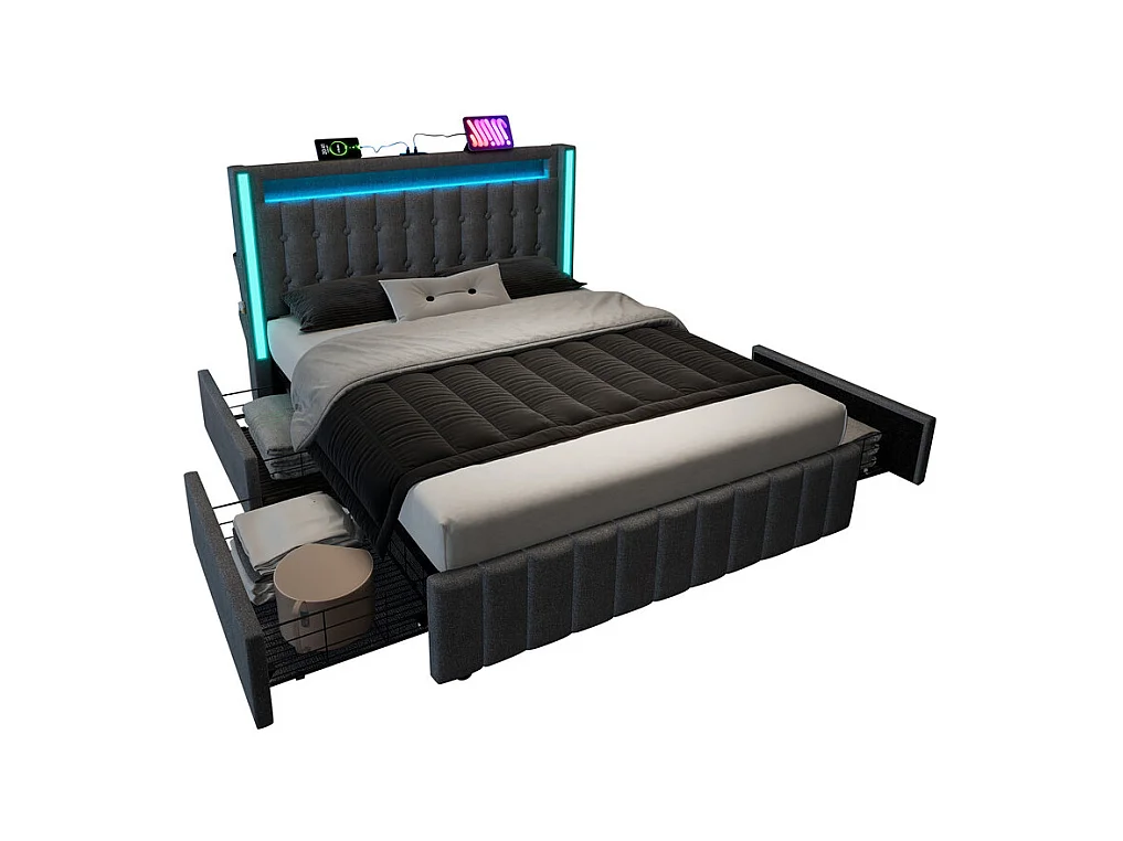Lit capitonné 160x200cm avec 4 tiroirs, LED + Prises USB + Type C, Tissu lin - Gris (sans matelas)