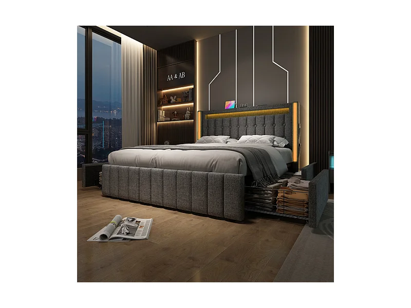 Lit capitonné 160x200cm avec 4 tiroirs, LED + Prises USB + Type C, Tissu lin - Gris (sans matelas)