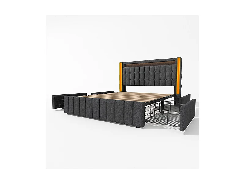 Lit capitonné 160x200cm avec 4 tiroirs, LED + Prises USB + Type C, Tissu lin - Gris (sans matelas)