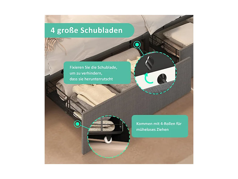 Lit capitonné 160x200cm avec 4 tiroirs, LED + Prises USB + Type C, Tissu lin - Gris (sans matelas)