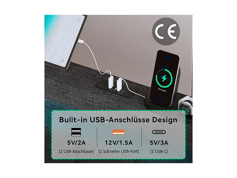 Lit capitonné 160x200cm avec 4 tiroirs, LED + Prises USB + Type C, Tissu lin - Gris (sans matelas)