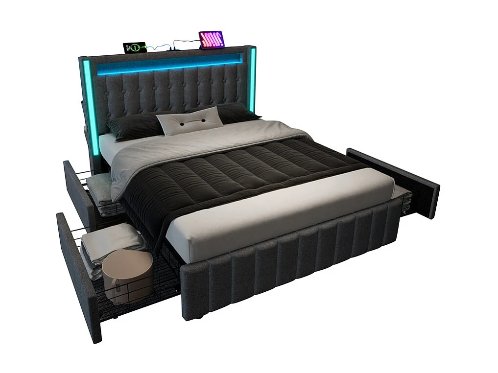 Lit capitonné 160x200cm avec 4 tiroirs, LED + Prises USB + Type C, Tissu lin - Gris (sans matelas)