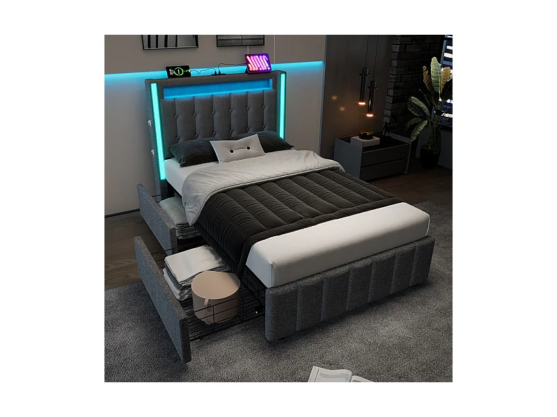 Lit capitonné 90x200cm avec 2 tiroirs, LED + Prises USB + Type C, Tissu lin - Gris (sans matelas)
