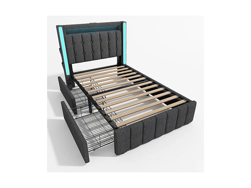 Lit capitonné 90x200cm avec 2 tiroirs, LED + Prises USB + Type C, Tissu lin - Gris (sans matelas)