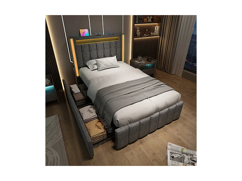 Lit capitonné 90x200cm avec 2 tiroirs, LED + Prises USB + Type C, Tissu lin - Gris (sans matelas)