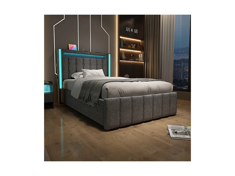 Lit capitonné 90x200cm avec 2 tiroirs, LED + Prises USB + Type C, Tissu lin - Gris (sans matelas)