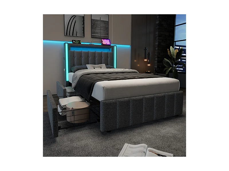 Lit capitonné 90x200cm avec 2 tiroirs, LED + Prises USB + Type C, Tissu lin - Gris (sans matelas)