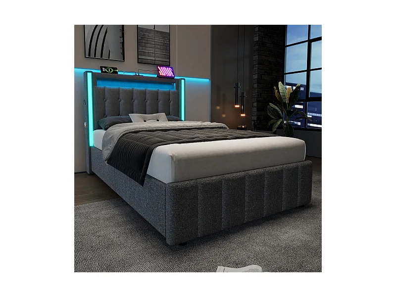 Lit capitonné 90x200cm avec 2 tiroirs, LED + Prises USB + Type C, Tissu lin - Gris (sans matelas)