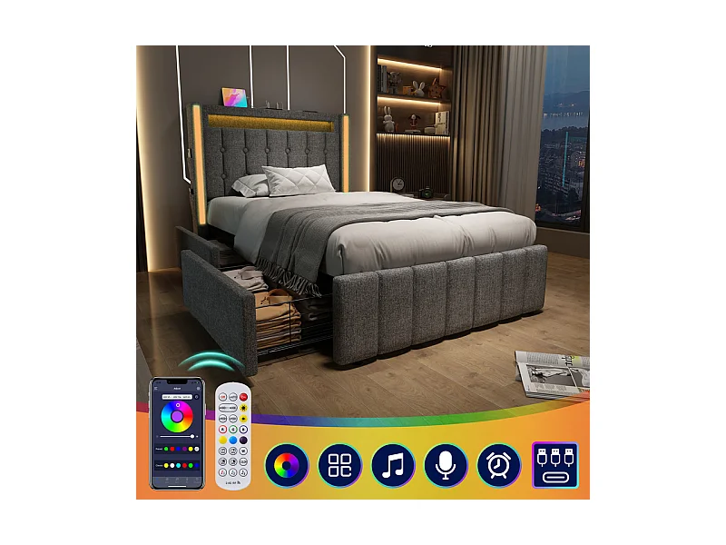 Lit capitonné 90x200cm avec 2 tiroirs, LED + Prises USB + Type C, Tissu lin - Gris (sans matelas)