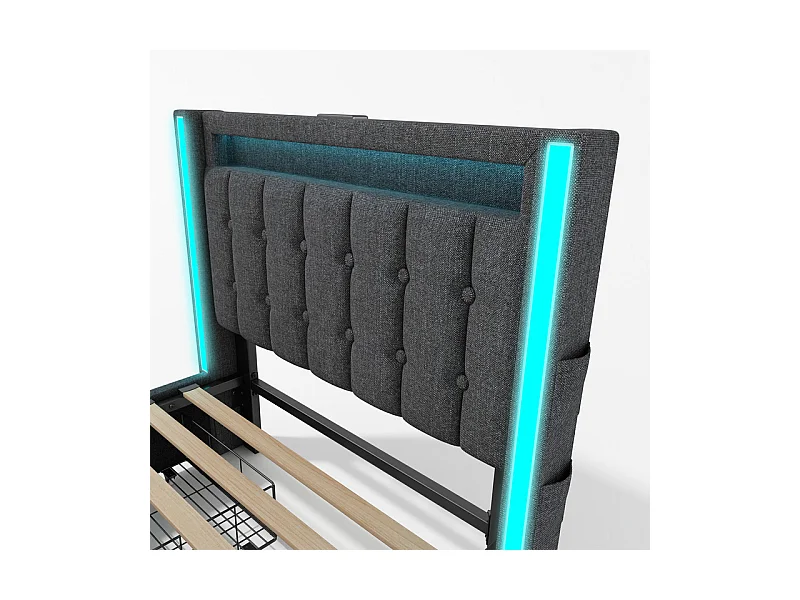 Lit capitonné 90x200cm avec 2 tiroirs, LED + Prises USB + Type C, Tissu lin - Gris (sans matelas)