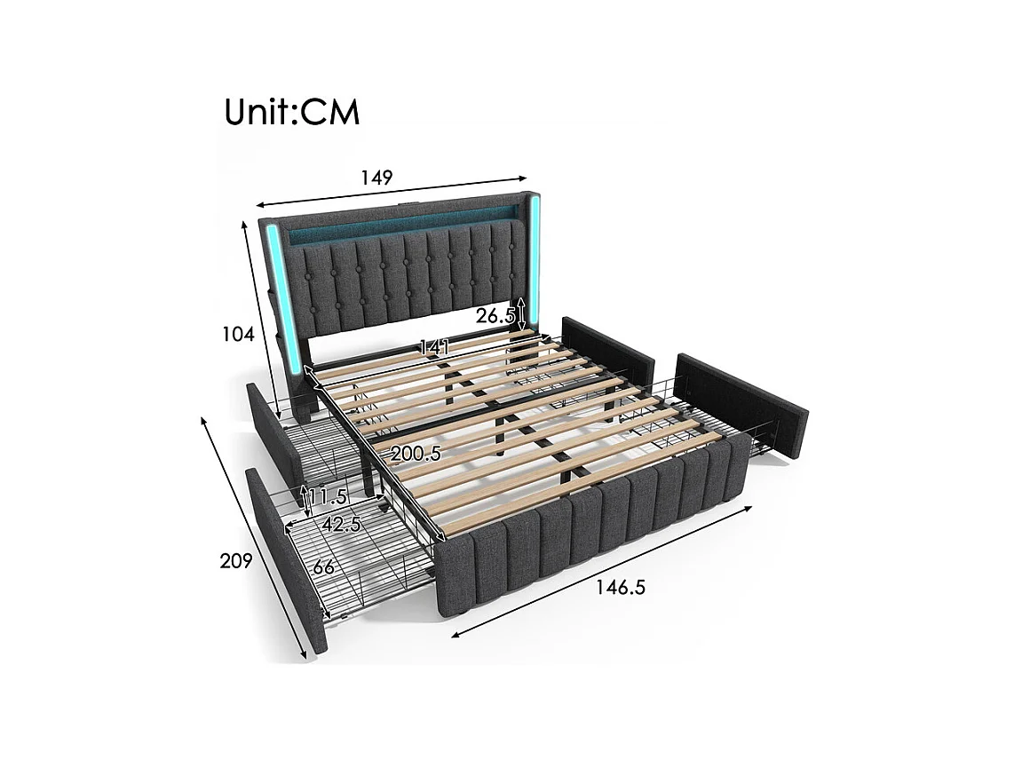 Lit capitonné 140x200cm avec matelas, 4 tiroirs, LED + Prises USB + Type C, Tissu lin - Gris