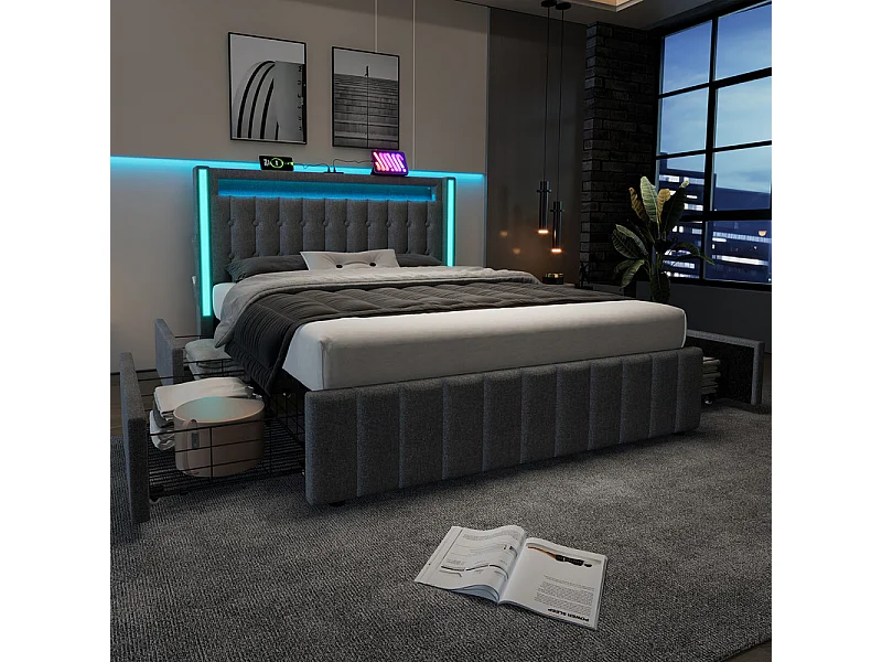 Lit capitonné 140x200cm avec matelas, 4 tiroirs, LED + Prises USB + Type C, Tissu lin - Gris