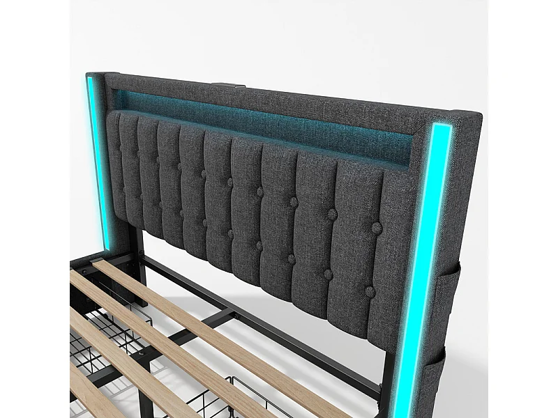 Lit capitonné 140x200cm avec matelas, 4 tiroirs, LED + Prises USB + Type C, Tissu lin - Gris