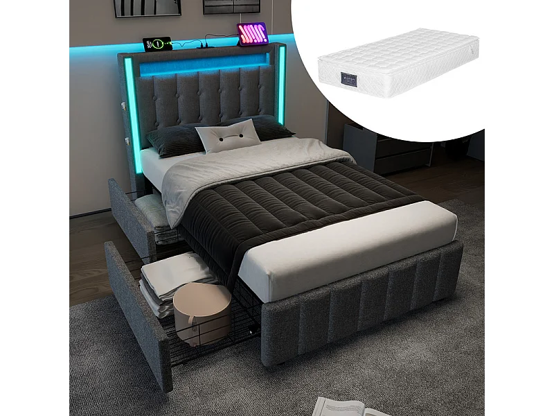 Gepolstertes Bett 90x200 cm mit Matratze, 2 Schubladen, LED + USB-Anschlüsse + Type C, Leinenstoff - Grau