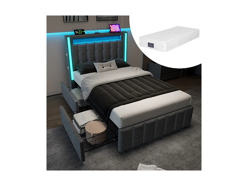 Lit capitonné 90x200cm avec matelas, 2 tiroirs, LED + Prises USB + Type C, Tissu lin - Gris