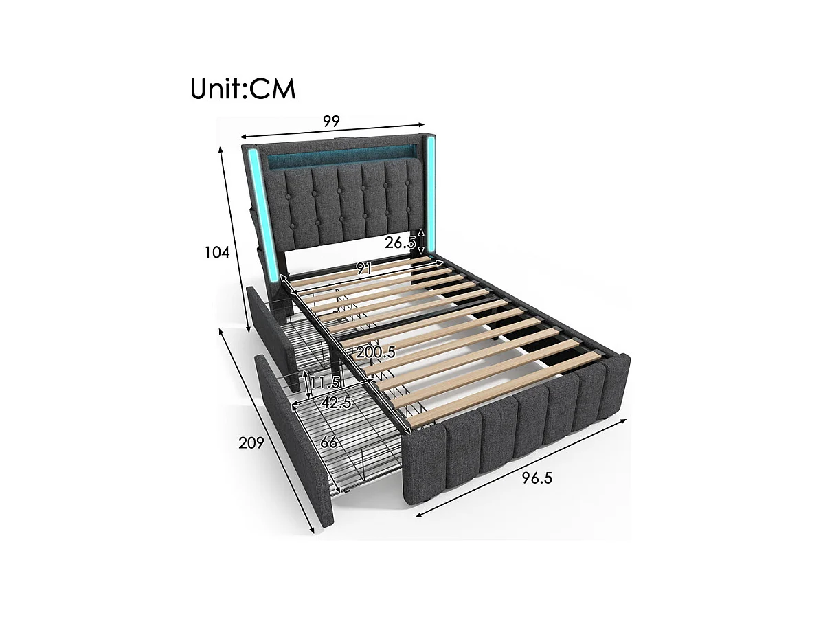 Lit capitonné 90x200cm avec matelas, 2 tiroirs, LED + Prises USB + Type C, Tissu lin - Gris