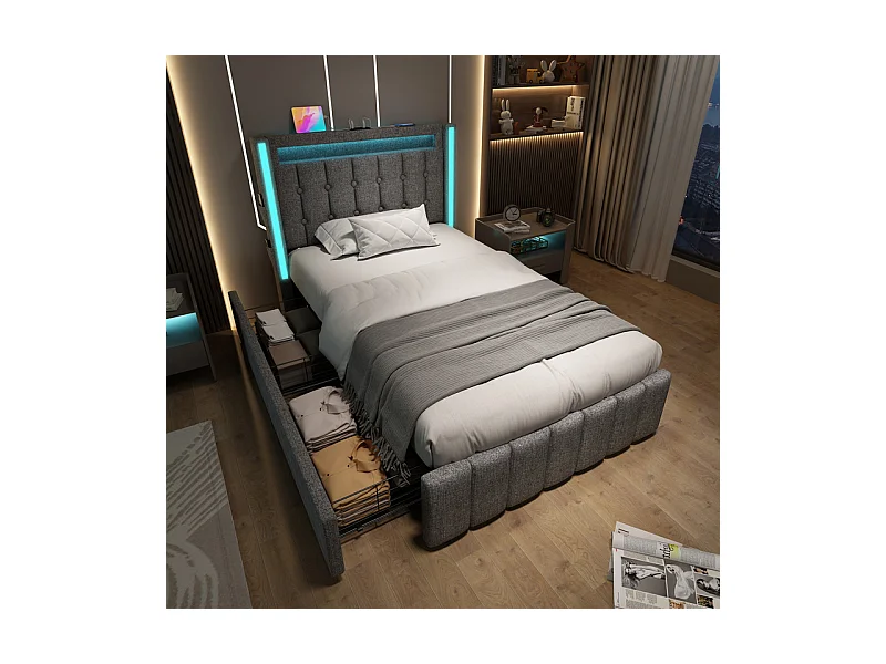 Lit capitonné 90x200cm avec matelas, 2 tiroirs, LED + Prises USB + Type C, Tissu lin - Gris