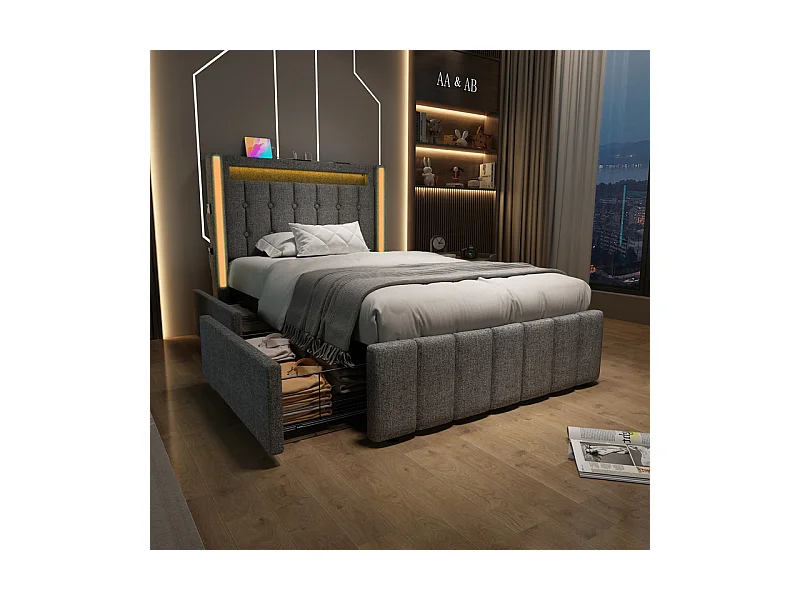Lit capitonné 90x200cm avec matelas, 2 tiroirs, LED + Prises USB + Type C, Tissu lin - Gris