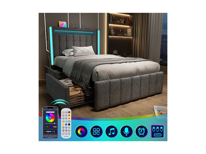 Lit capitonné 90x200cm avec matelas, 2 tiroirs, LED + Prises USB + Type C, Tissu lin - Gris