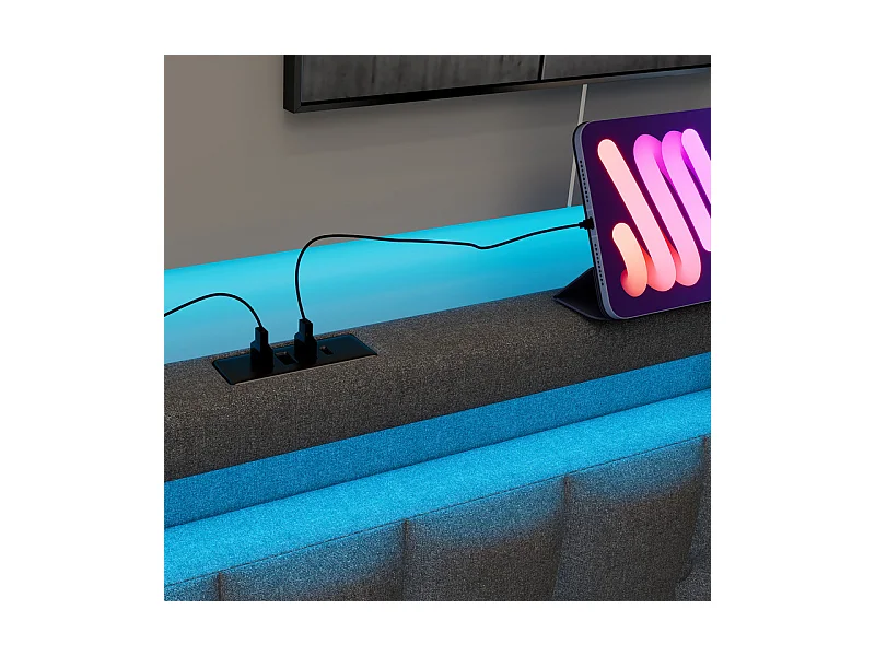 Lit capitonné 90x200cm avec matelas, 2 tiroirs, LED + Prises USB + Type C, Tissu lin - Gris