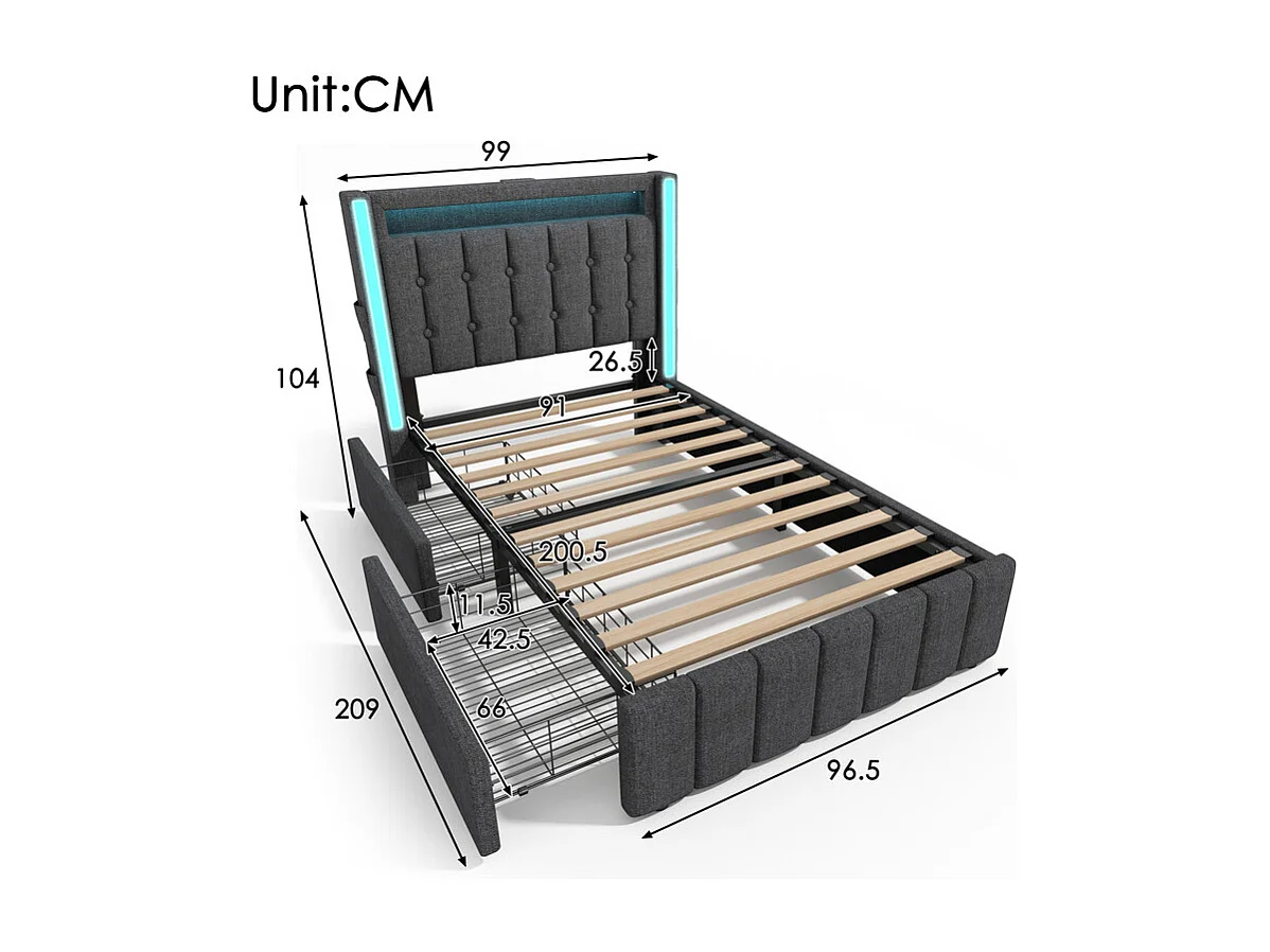 Lit capitonné 90x200cm avec matelas, 2 tiroirs, LED + Prises USB + Type C, Tissu lin - Gris