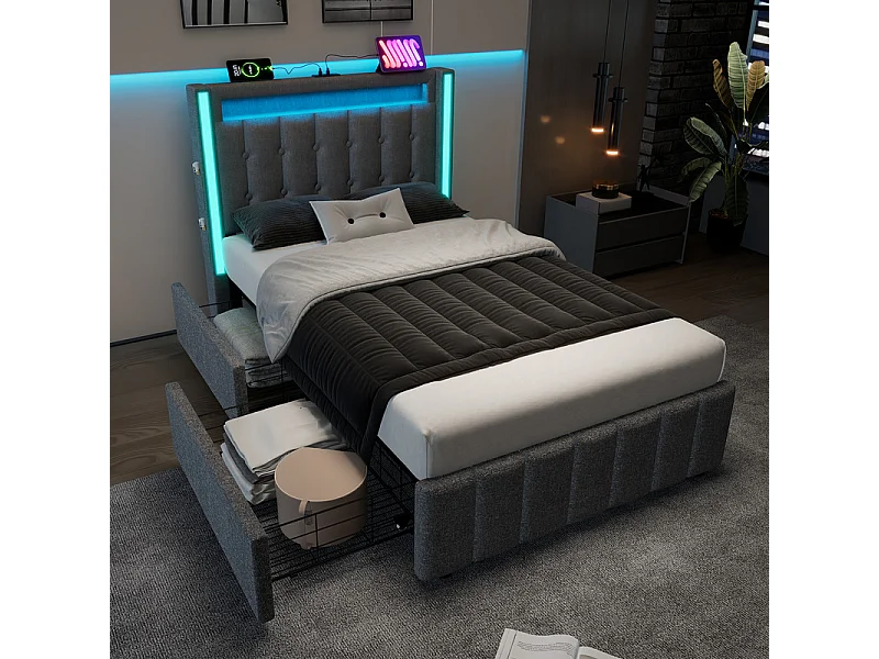 Lit capitonné 90x200cm avec matelas, 2 tiroirs, LED + Prises USB + Type C, Tissu lin - Gris