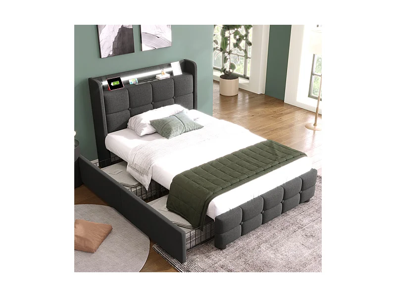 Lit rembourré 90x200cm, avec LED + 2 charge USB + 2 Prise eu + 2 tiroirs, sommier à lattes, Gris