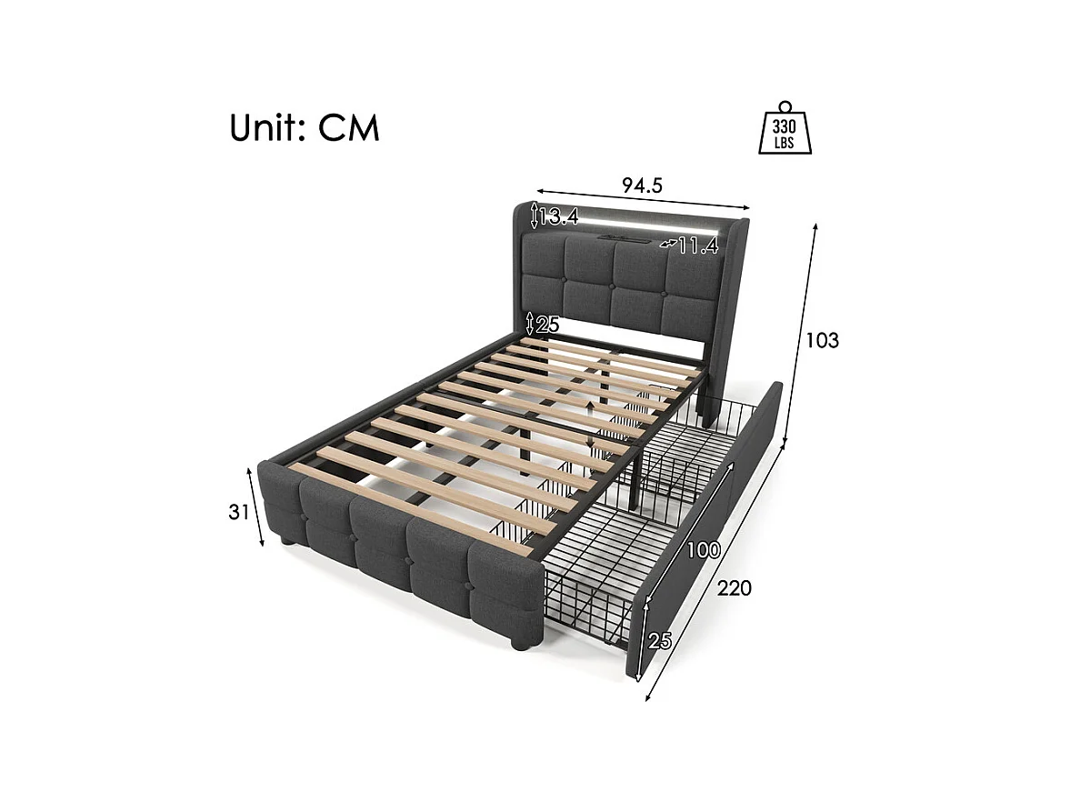 Lit rembourré 90x200cm, avec LED + 2 charge USB + 2 Prise eu + 2 tiroirs, sommier à lattes, Gris