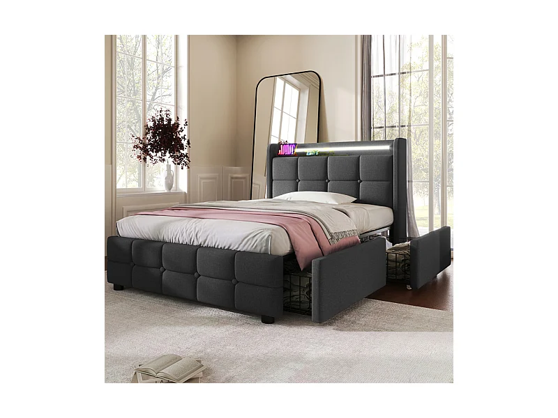 Lit rembourré 90x200cm, avec LED + 2 charge USB + 2 Prise eu + 2 tiroirs, sommier à lattes, Gris