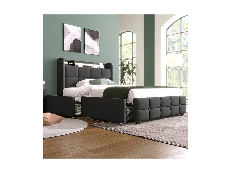 Lit rembourré 90x200cm, avec LED + 2 charge USB + 2 Prise eu + 2 tiroirs, sommier à lattes, Gris