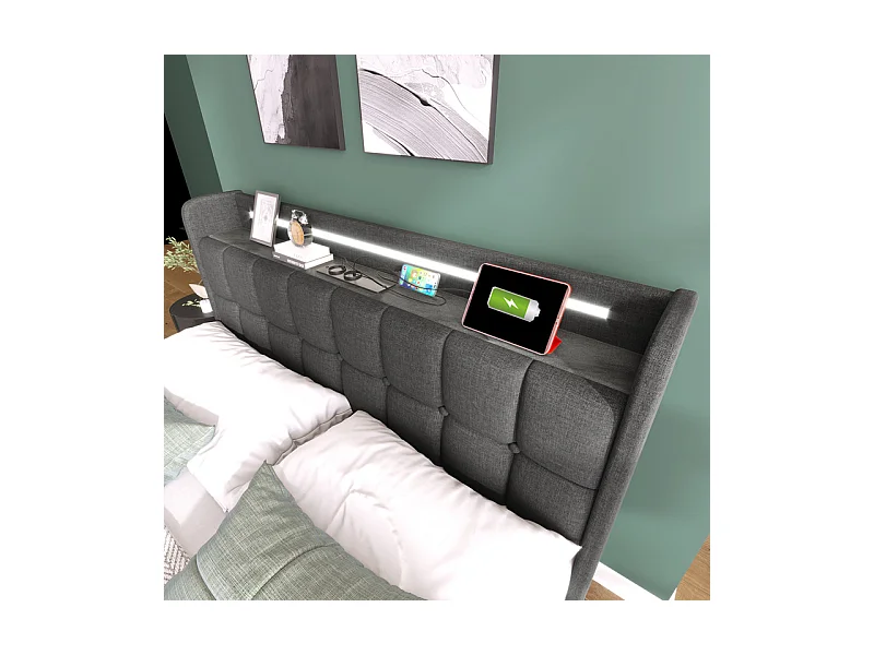 Lit rembourré 90x200cm, avec LED + 2 charge USB + 2 Prise eu + 2 tiroirs, sommier à lattes, Gris