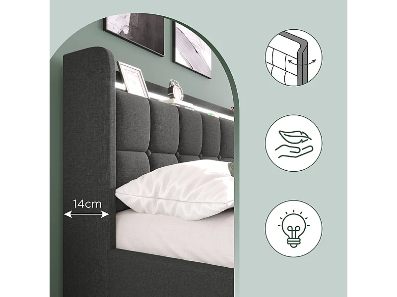 Gepolstertes Bett 90x200 cm, mit LED + 2 USB-Anschlüssen + 2 EU-Steckdosen + 2 Schubladen, Lattenrost, Grau