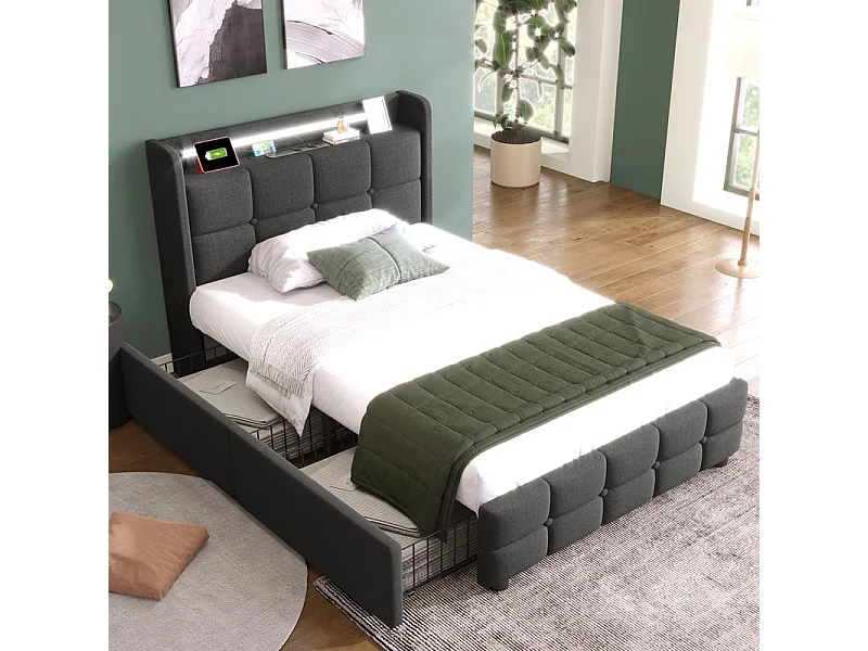 Lit rembourré 90x200cm, avec LED + 2 charge USB + 2 Prise eu + 2 tiroirs, sommier à lattes, Gris