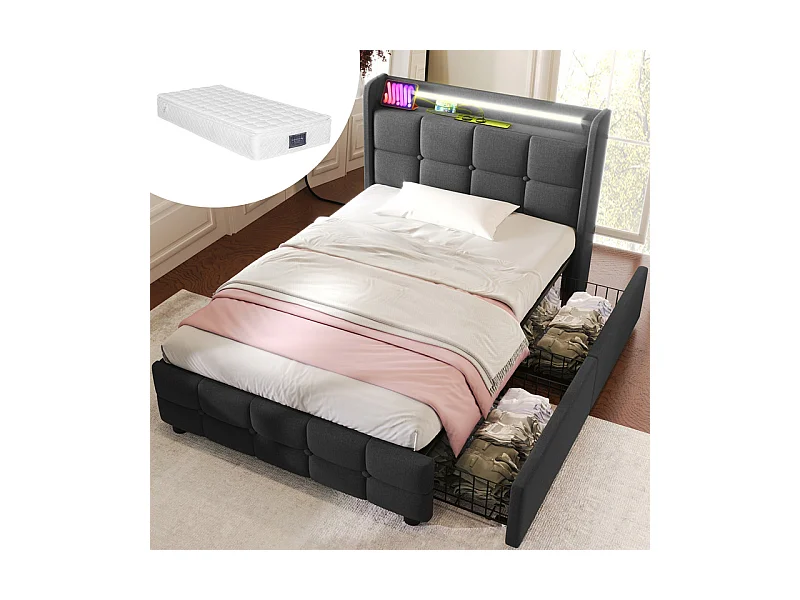 Lit rembourré 90x200cm + matelas, avec LED + 2 charge USB + 2 Prise eu + 2 tiroirs, sommier à lattes, Gris
