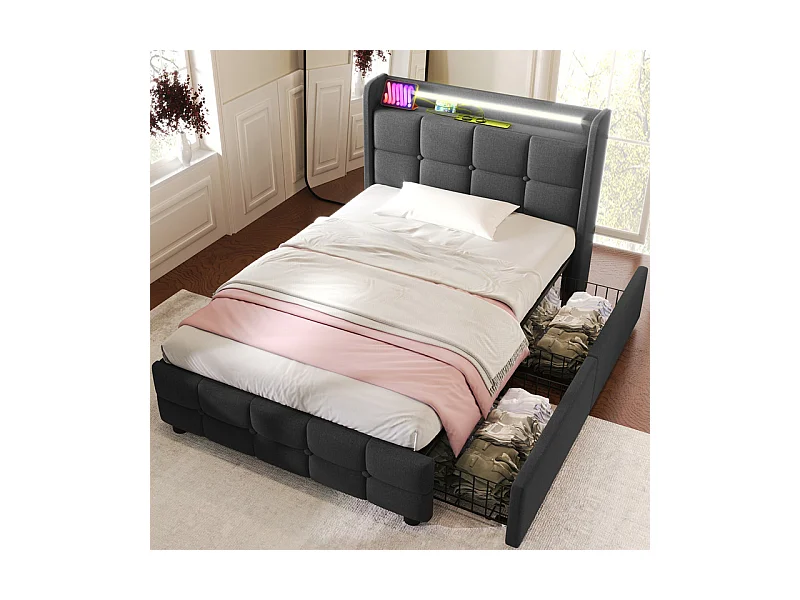 Lit rembourré 90x200cm + matelas, avec LED + 2 charge USB + 2 Prise eu + 2 tiroirs, sommier à lattes, Gris