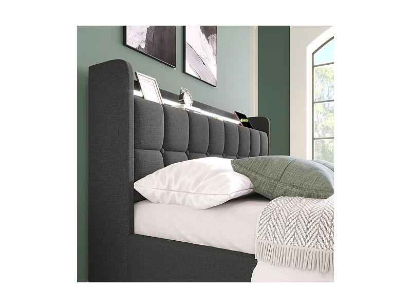 Lit rembourré 90x200cm + matelas, avec LED + 2 charge USB + 2 Prise eu + 2 tiroirs, sommier à lattes, Gris