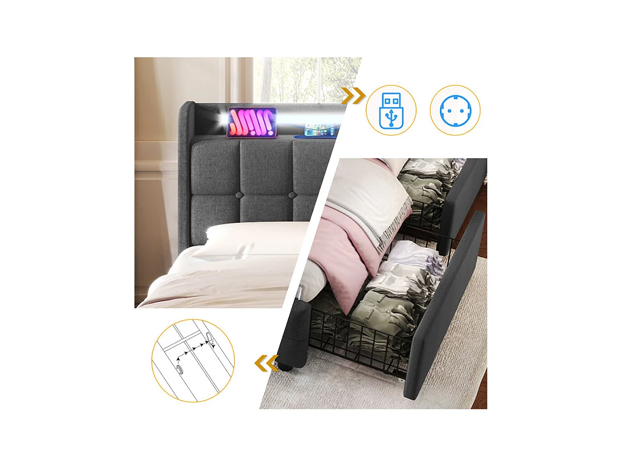 Lit rembourré 90x200cm + matelas, avec LED + 2 charge USB + 2 Prise eu + 2 tiroirs, sommier à lattes, Gris
