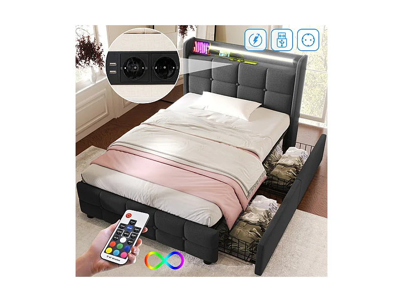 Lit rembourré 90x200cm + matelas, avec LED + 2 charge USB + 2 Prise eu + 2 tiroirs, sommier à lattes, Gris