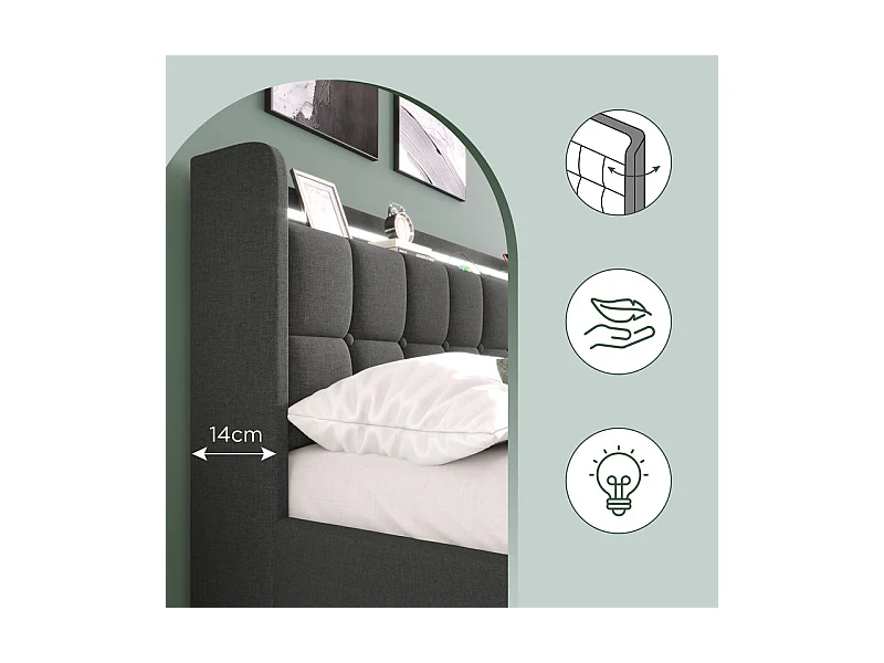 Lit rembourré 90x200cm + matelas, avec LED + 2 charge USB + 2 Prise eu + 2 tiroirs, sommier à lattes, Gris