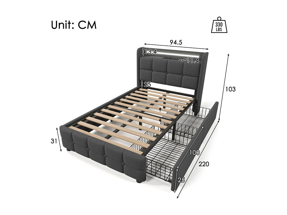 Gepolstertes Bett 90x200 cm + Matratze, mit LED + 2 USB-Anschlüssen + 2 EU-Steckdosen + 2 Schubladen, Lattenrost, Grau