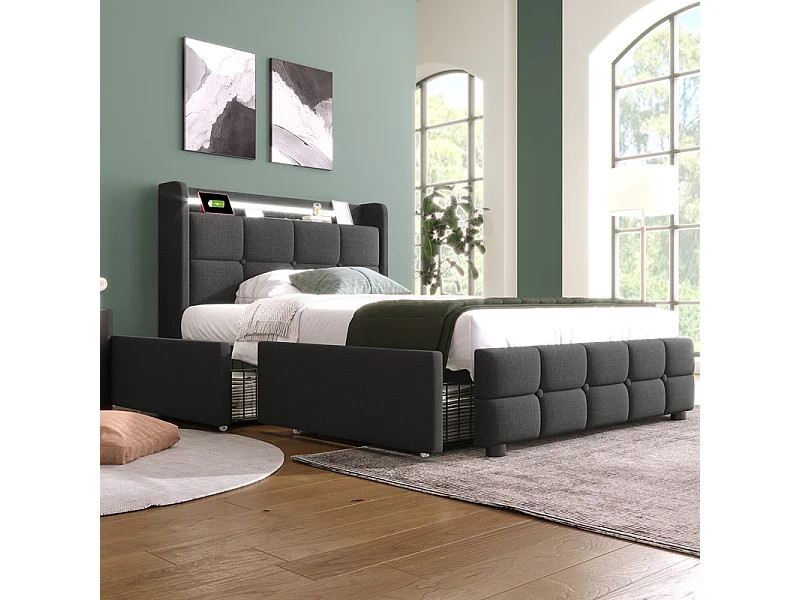 Gepolstertes Bett 90x200 cm + Matratze, mit LED + 2 USB-Anschlüssen + 2 EU-Steckdosen + 2 Schubladen, Lattenrost, Grau