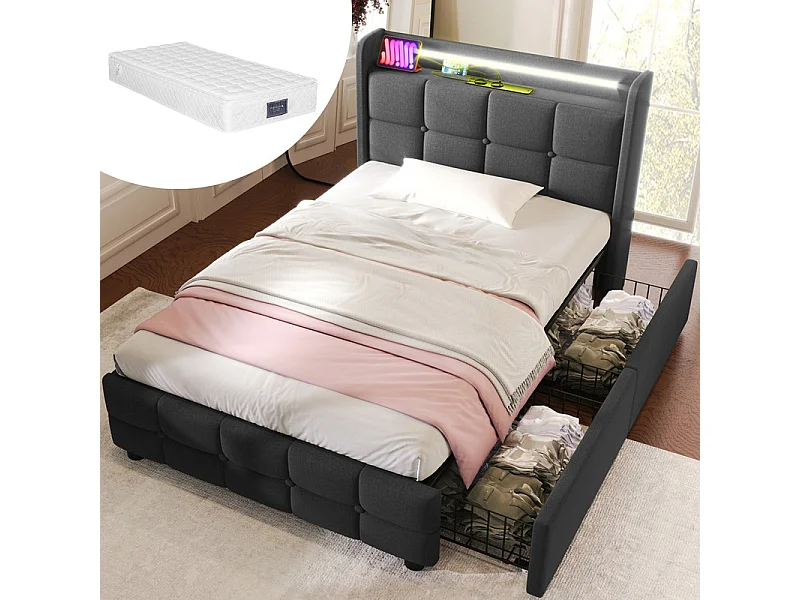 Lit rembourré 90x200cm + matelas, avec LED + 2 charge USB + 2 Prise eu + 2 tiroirs, sommier à lattes, Gris