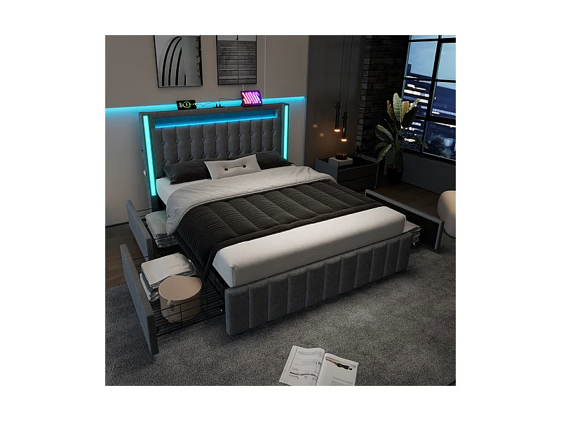 Lit capitonné 140x200cm avec 4 tiroirs, LED + Prises USB + Type C, Tissu lin - Gris (sans matelas)