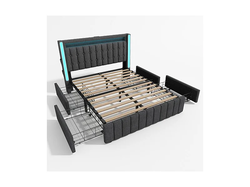 Lit capitonné 140x200cm avec 4 tiroirs, LED + Prises USB + Type C, Tissu lin - Gris (sans matelas)