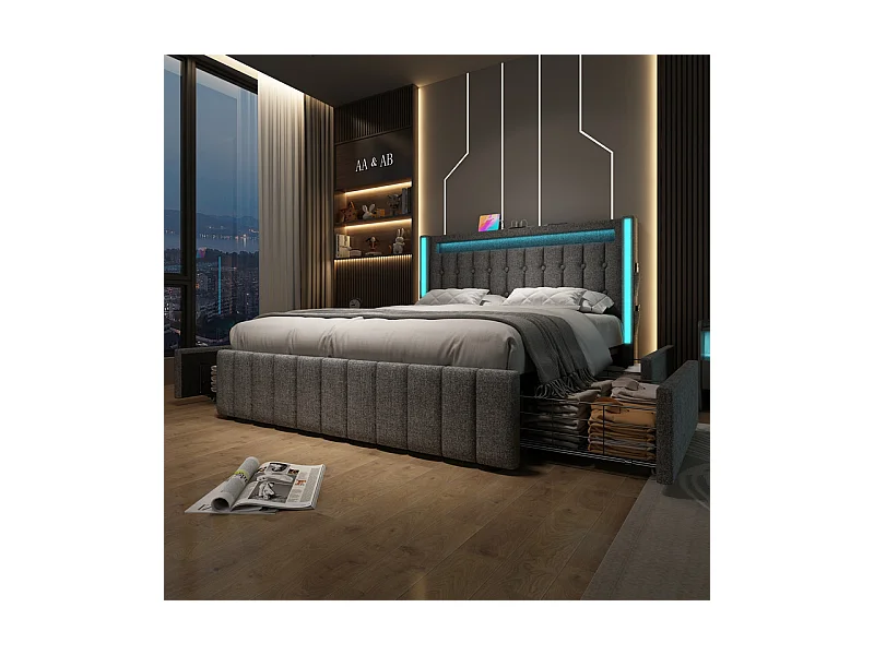Lit capitonné 140x200cm avec 4 tiroirs, LED + Prises USB + Type C, Tissu lin - Gris (sans matelas)
